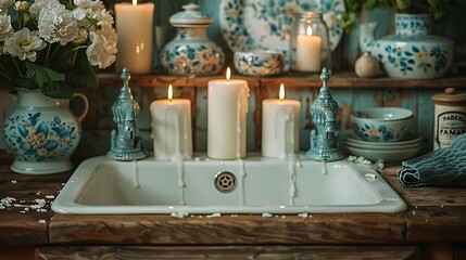 A serene evening in a French country kitchen, with candlelight flickering over a farmhouse sink and casting warm glows on floral-patterned china.