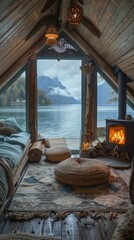 Glamping with fireplace, natural luxury hotel interior, bed with mountain view, resort with lake view, glamping，Natural Hotel Interiors, Mountain Vistas, and Lakeside Resorts for Relaxing Getaways