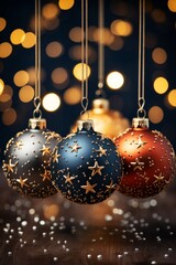 Festive Christmas Baubles Hanging in Golden Lights