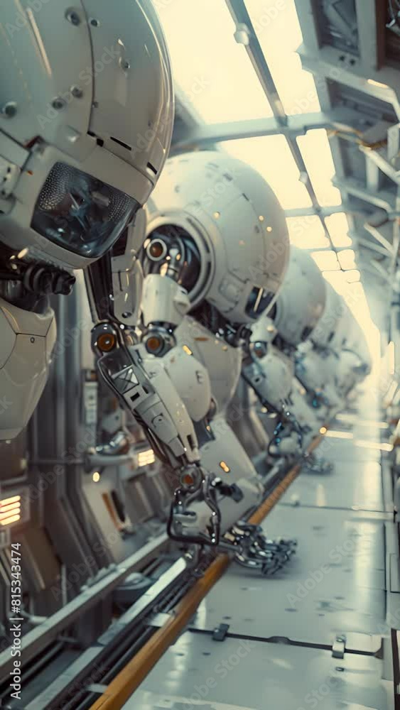 Aufkleber an advanced futuristic robot factory, showcasing a series of sophisticated robots along a production