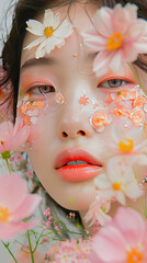 creative makeup idea. female face model with peach flower makeup look