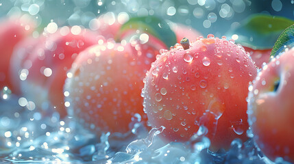  juicy fruit delicious peaches and summer blue sky water splash