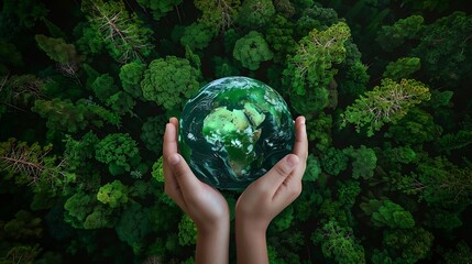 Aerial top view green forest with earth Green planet in your hands Save Earth Texture of forest...