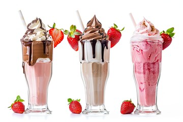 Set of fresh various delicious milkshakes or smoothies top vies isolated on white background. Strawberry vanilla and chocolate flavor