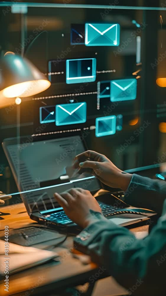 Poster a person is typing on a laptop with a screen displaying a bunch of emails. scene is focused and seri