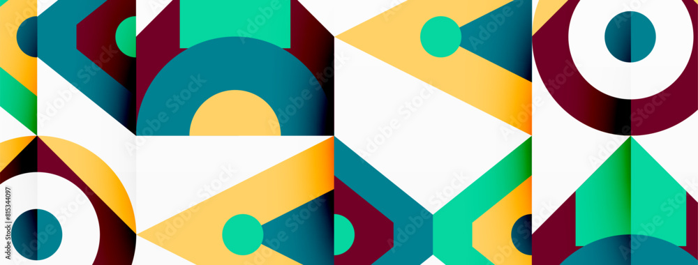 Poster a vibrant geometric pattern featuring circles and triangles in various tints and shades on a white b