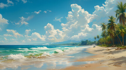 A painting of a beach with palm trees and people enjoying the sun. The mood of the painting is relaxed and peaceful