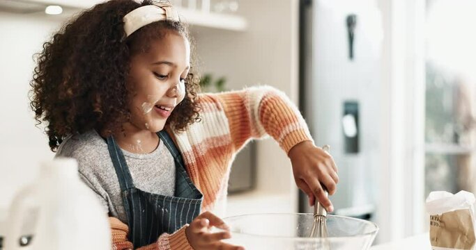Girl, bake and taste with bowl in kitchen, mixing and cooking ingredients with kid for childhood development. Mixture, whisk for cake preparation and dessert recipe or happy, learning and growth