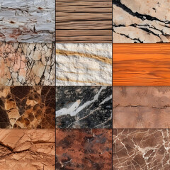 A seamless pattern featuring various textures of wood, marble, and stone, perfect for interior design and home decor.