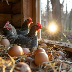 Hen laying eggs, chicks, green food concept，"A Heartwarming Moment: Mother Hen Tenderly Nurtures Her Chicks Amid the Lush Green Landscape of an AI-Generated 4K HD Wallpaper"