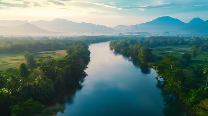 Beautiful natural scenery of river in southeast Asia tropical green forest  with mountains in background aerial view drone shot : Generative AI