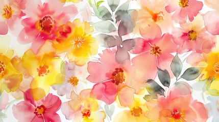 Fototapeta na wymiar Delight in this vibrant and charming collection of hand drawn watercolor flowers showcasing a profusion of yellow pink and red blossoms perfect for adorning cards prints and invitations The