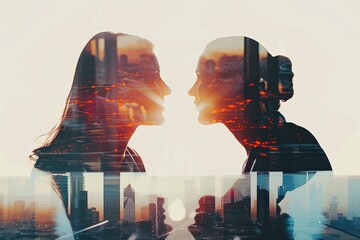 Double exposure of two business woman with city background 