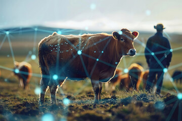 Farmer monitoring livestock with sensor technology, optimizing animal health in agriculture.