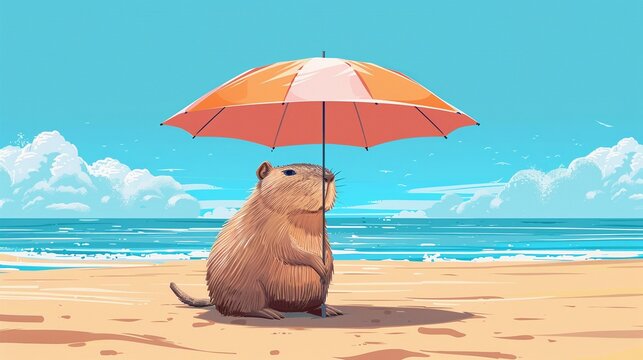 Capybara under a beach umbrella flat design front view summer shade theme animation Tetradic color scheme