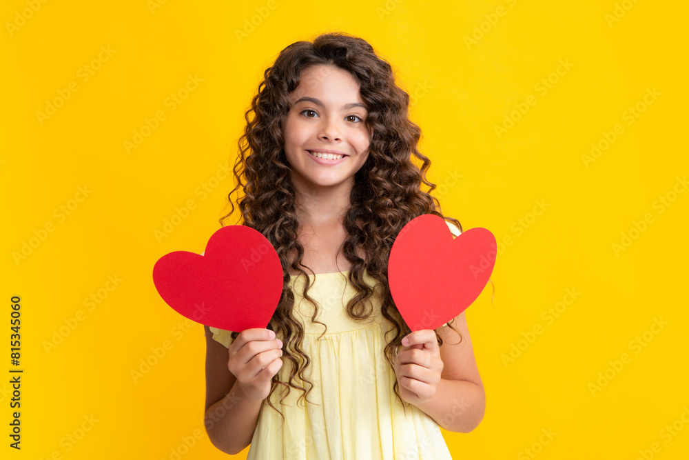 Poster happy teenager portrait. happiness kids and love concept. romantic lovely teen girl with red heart, 