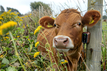 Farmer monitoring livestock with sensor technology, optimizing animal health in agriculture.