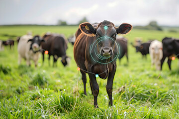Farmer monitoring livestock with sensor technology, optimizing animal health in agriculture.