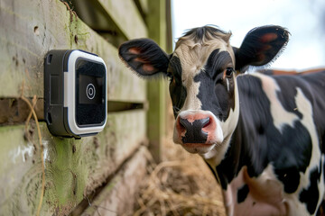 Farmer monitoring livestock with sensor technology, optimizing animal health in agriculture.