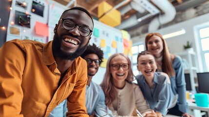 Happy business people smile during a planning meeting in a startup marketing agency office Diversity collaboration and teamwork in a healthy work environment in an international advert : Generative AI