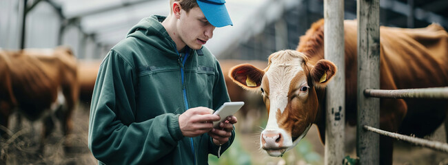 Farmer monitoring livestock with sensor technology, optimizing animal health in agriculture.