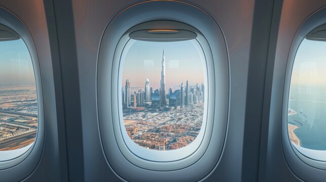 Airplane interior with window view of Dubai city, UAE. Concept of travel and air transportation --ar 16:9 Job ID: 8b69012f-3c20-4732-aabb-4513daf20882