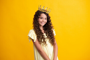 Happy teenager. Girls birthday party, funny kid in crown. Imagine herself a queen, child wear diadem. Successful teenager wear luxury beauty queen crown, success.