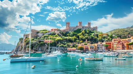 Beautiful castle and moored sailing boats in the famous harbor of Lerici, Liguria, Italy, Europe --ar 16:9 Job ID: 2d8d9db0-1002-4262-ac53-4624ffd9af81