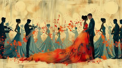 A painting of a group of people in a parade, with a couple in the center