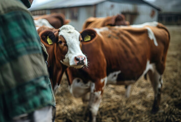 Farmer monitoring livestock with sensor technology, optimizing animal health in agriculture.