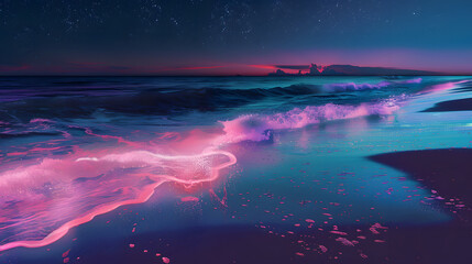 Fototapeta premium The ocean is lit up with a blue and pink glow. The water is calm and the waves are small