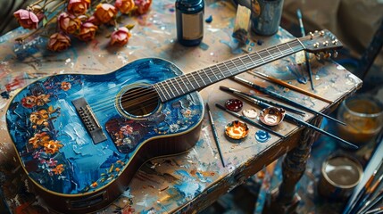 A blue guitar with flowers painted on it sits on a table with paintbrushes