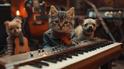 A cat is playing a keyboard with a dog and a small dog is standing behind it - Powered by Adobe