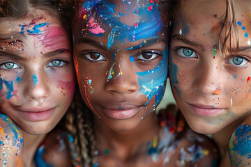 Obraz premium children with paint on their face,generative ai