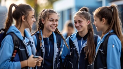 A group of happy students wearing blue and black school uniforms, with long hair tied back in ponytails, are smiling as they talk to each other on the street.