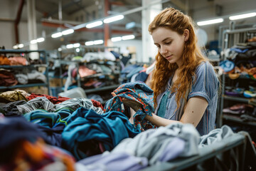 Workers sorting textile waste for recycling, promoting sustainable fashion and environmental responsibility.