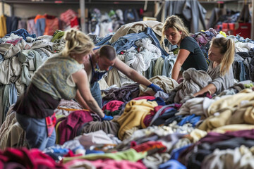 Workers sorting textile waste for recycling, promoting sustainable fashion and environmental responsibility.