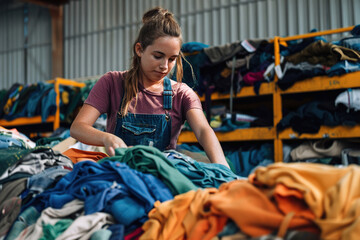 Workers sorting textile waste for recycling, promoting sustainable fashion and environmental responsibility.