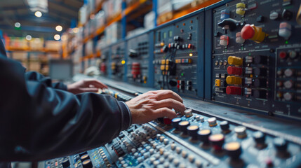 A technician attentively monitors and adjusts controls in a high-tech industrial control room.