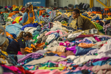 Workers sorting textile waste for recycling, promoting sustainable fashion and environmental responsibility.