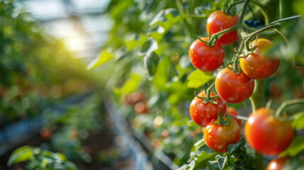 Bright red tomatoes growing on lush green vines in a well-lit greenhouse.