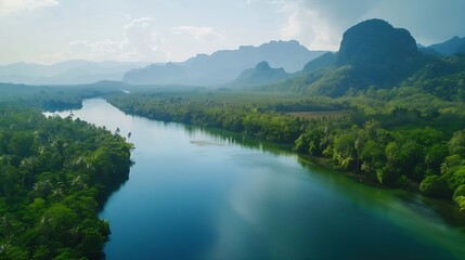Beautiful natural scenery of river in southeast Asia tropical green forest  with mountains in background aerial view drone shot : Generative AI
