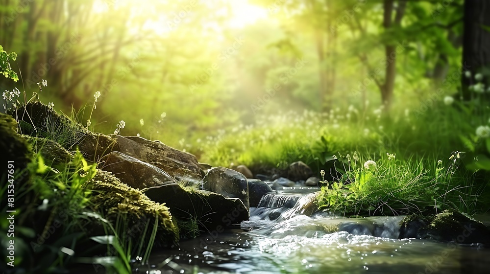 Poster Spring background Stream of water in the forest : Generative AI
