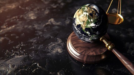 world and wooden gavel with a golden scale for law international environmental concept of business corporate and industry law world for environmental regulationsustainable environment  : Generative AI
