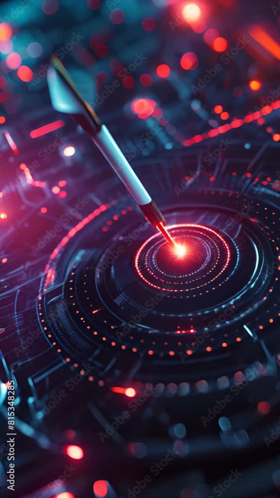 Poster a holographic target interface glows intensely with a dart precisely at the center, symbolizing cutt