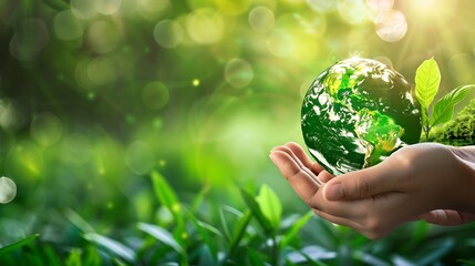 Environment Earth Day In the hands holding green earth on Bokeh green Background Saving environment and environmentally sustainable Save Earth Concept of the Environment World Earth Da : Generative AI