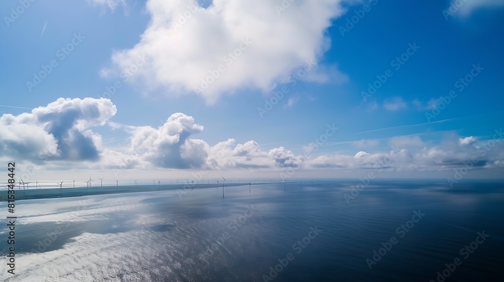 Poster offshore windmill park with clouds and a blue sky windmill park in the ocean aerial view with wind t