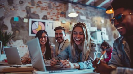 Happy business people smile during a planning meeting in a startup marketing agency office Diversity collaboration and teamwork in a healthy work environment in an international advert : Generative AI