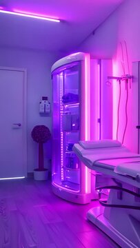A neon blue and pink room with a white bed and a blue and pink shower. The room is bright and colorful, giving off a fun and energetic vibe. Vertical video