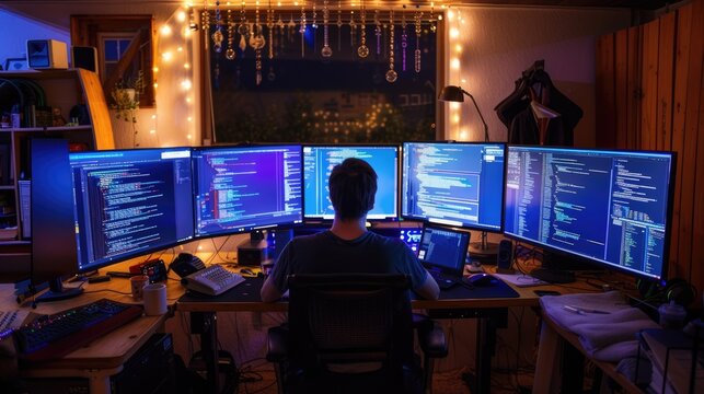 Back view of professional software developer coding program or engineering prompt. Skilled programmer typing computer and laptop while developing system with blurring background. Technology. AIG42.
